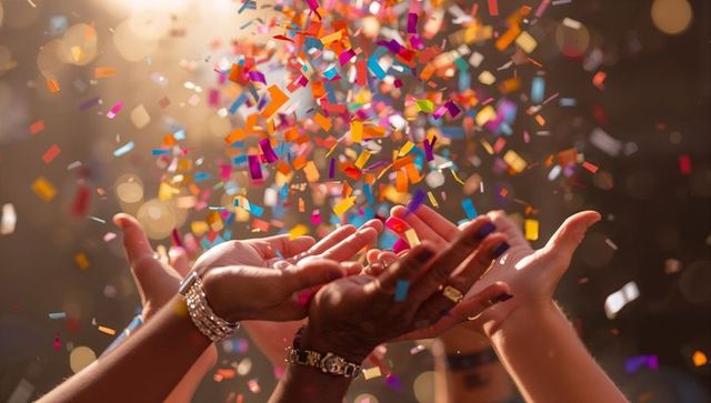 Diverse hands catching colorful confetti celebrating party joy with bokeh light and motion