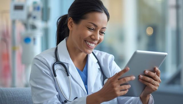 Smiling Female Doctor Using Tablet in Modern Clinic