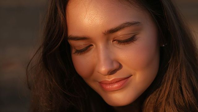 Sunlit serene closeup smiling young woman with brown hair and stud earring golden hour glow