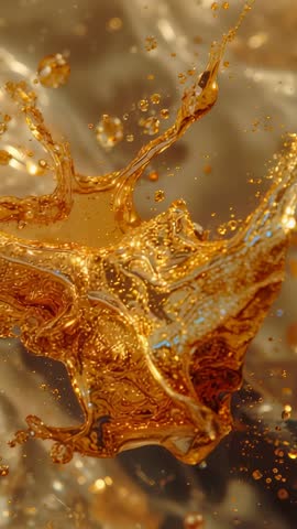 Vertical macro video of amber liquid crown splash with glossy filaments and beads