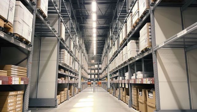 Running central aisle through high-density warehouse racks with stacked cardboard pallets
