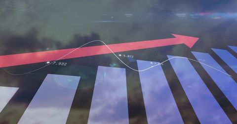 Growing Bar and Line Graph with Red Arrow on Cloudy Sky Background