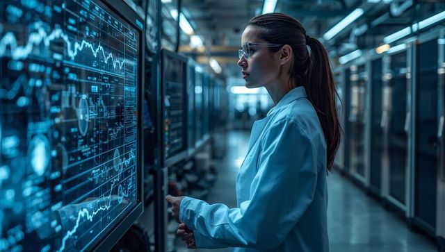 Young Female Engineer Analyzing Digital Dashboards and Telemetry in Data Center Aisle
