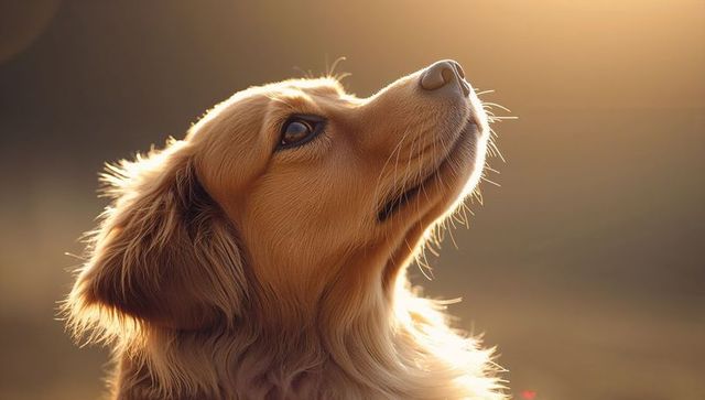 Golden-brown dog gazing into warm sunlight with backlit rim light and soft bokeh closeup
