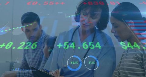 Nurse consulting patient with digital health data overlay for telemedicine analytics