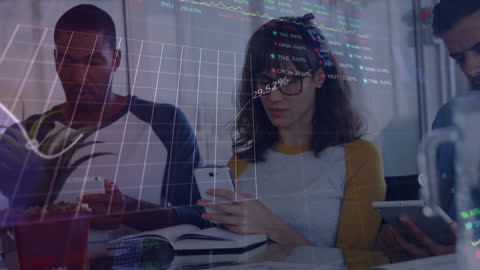 Team Analyzing Stock Market Data with Digital Devices in Modern Office