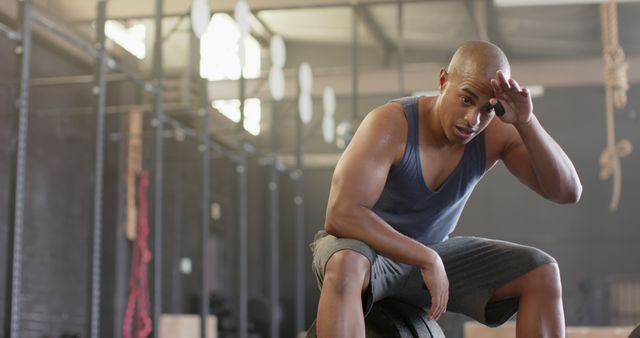 Exhausted biracial sportsman resting on weight bar and sweating at gym. Activity, sport and exercise, unaltered.