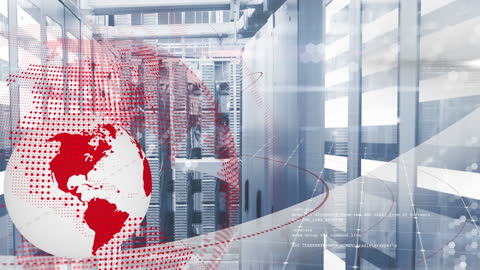 Digital World Globe Overlay on Futuristic Server Room