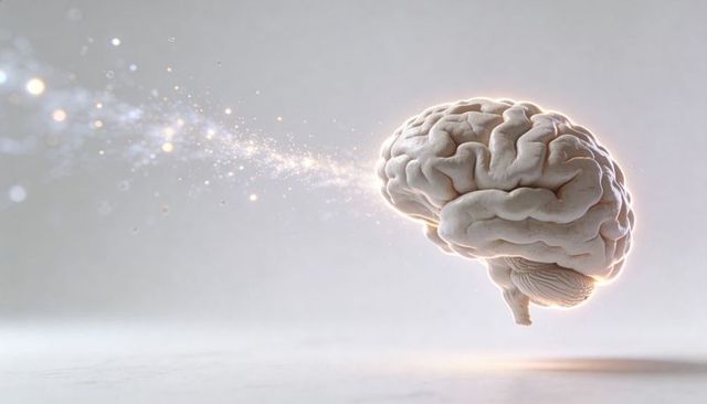Glowing floating brain emitting particle trail, neural network concept, AI creativity