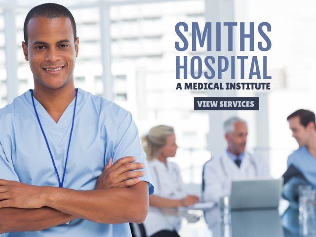 Male nurse standing with welcoming smile promotes healthcare services. Ideal for advertising hospital services, medical institute promotions, health awareness campaigns, and recruitment posters to attract medical professionals.