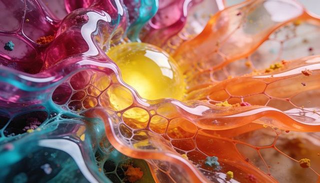 Glossy yellow sphere resting within translucent honeycomb mesh reflecting iridescent textures