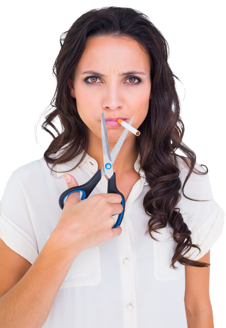 Caucasian woman with cigarette and scissors on transparent background, smoking addiction concept - Download Free Stock Videos Pikwizard.com