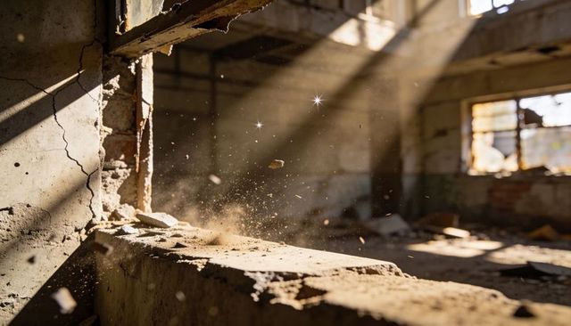 Sunbeams catching dust over cracked concrete ledge in abandoned factory ruin