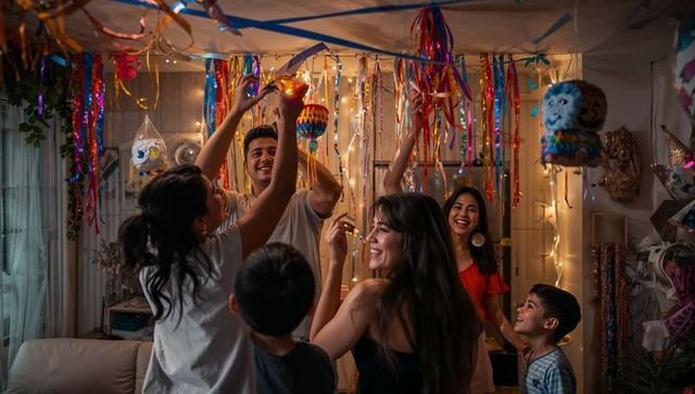 Family decorating living room with colorful streamers and lanterns for indoor celebration