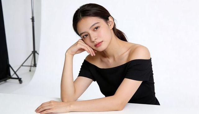 Young woman posing in off-shoulder black top resting on white table, studio portrait