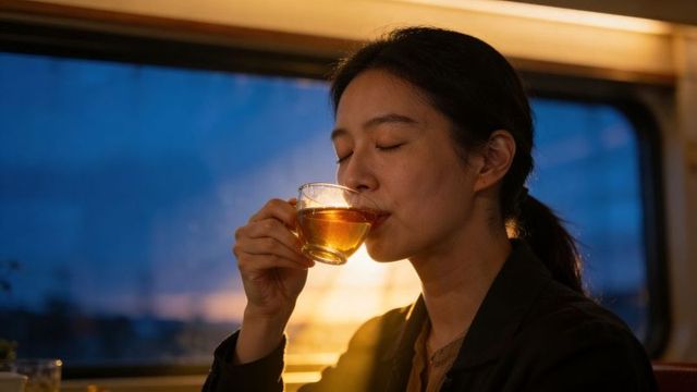 Sipping tea on train at dusk: asian woman closing eyes, amber teacup glow