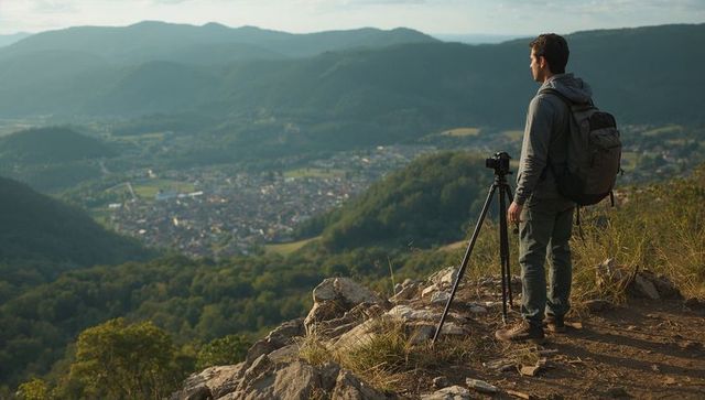 Hiker framing landscape with camera on tripod overlooking valley and forested mountains