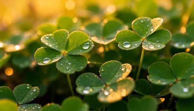 Glittering morning dew on clover leaves with golden bokeh and macro backlit texture
