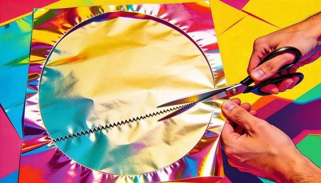 Cutting holographic foil circle with serrated scissors on vibrant craft table for diy decor