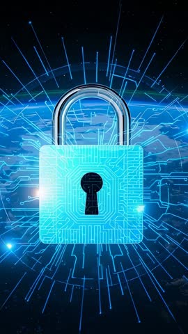 Blue Digital Padlock Securing Global Network with Pulsing Encryption Rays Vertical Tech Clip