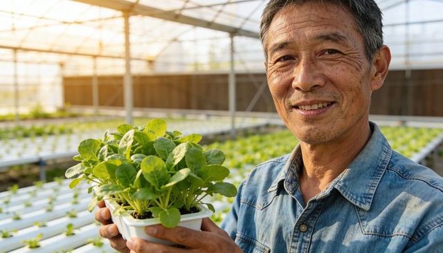 Asian grower holding seedling tray in hydroponic greenhouse for sustainable urban farming