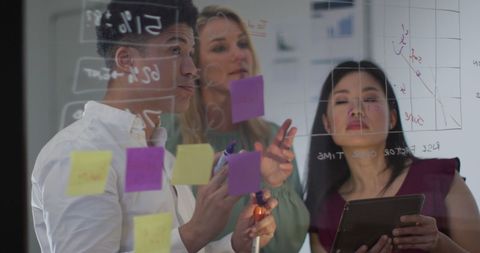 Creative team collaborative brainstorming with sticky notes on transparent board