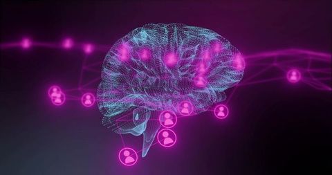 Pulsing holographic brain network connecting user nodes and visualizing neural data flow