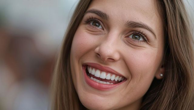 Cheerful woman smiling in soft natural light with pearl earrings