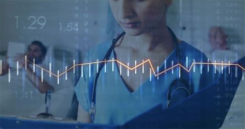 Telemedicine and diagnostics indian nurse in hospital with data overlay