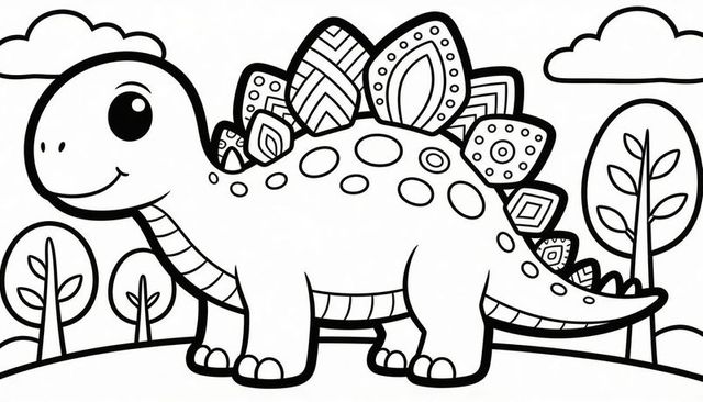 Playful stegosaurus coloring page standing with patterned plates and cute face