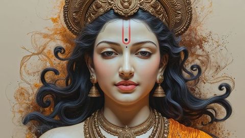 Regal South Asian Figure with Golden Crown and Elegant Saffron Drape