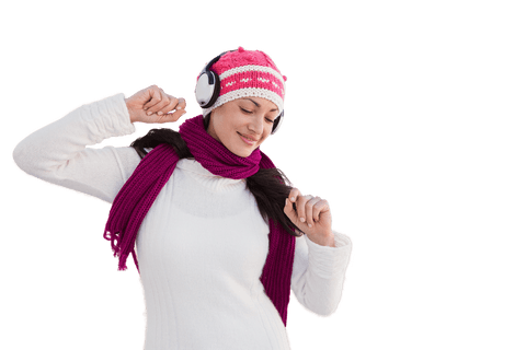 Joyful Caucasian Woman with Winter Hat and Headphones on Transparent Background