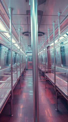 Vertical tracking shot moving along pole through empty subway car with neon reflections
