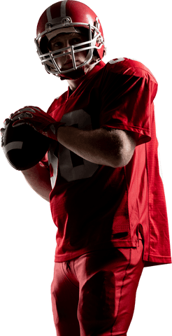 Athletic football player in red uniform sizing opponent up on transparent background