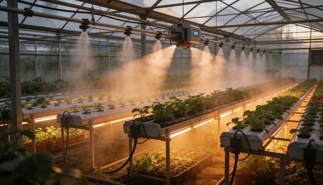 Automated greenhouse misting system humidifying hydroponic trays under led grow lights