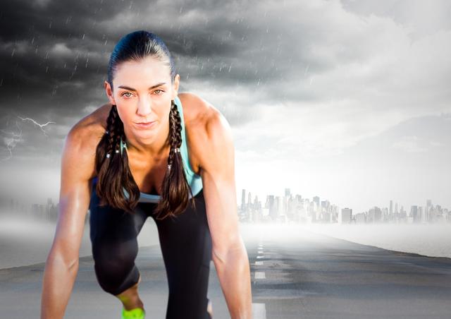 Digital composite of Female runner on road with skyline and storm