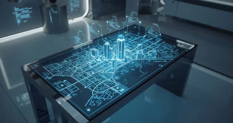 Holographic City Map Projection in Futuristic Lab Scene