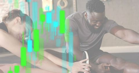 Workout partners stretching on mats with candlestick chart overlay for fitness campaigns