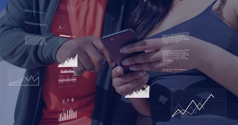 Colleagues sharing smartphone while analyzing data visualizations, charts and analytics