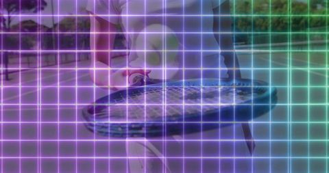 Athletic Woman with Neon Grid Playing Tennis Outdoors