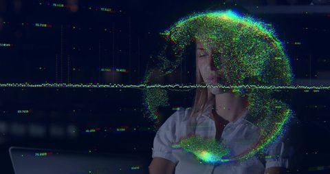 Woman studying laptop with holographic data globe, neon waveform and pointcloud analytics