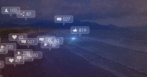Glowing social media notifications floating over coastal twilight shoreline for engagement