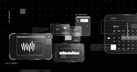 Digital data processing interfaces on black background