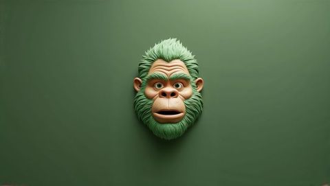 Whimsical monkey head sculpture in minimalist green studio