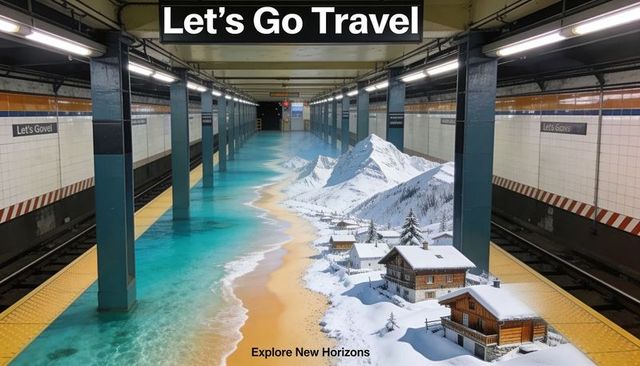 Subway platform transforming into turquoise beach and snowy mountain travel collage