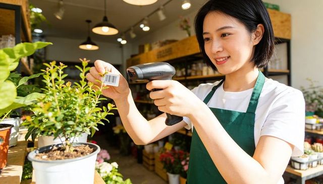 Asian woman scanning barcode on plant price tag in green apron at rustic garden center
