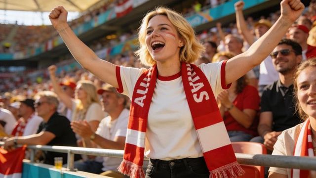 Cheering female fan raising arms wearing red-and-white scarf in sunny packed stadium