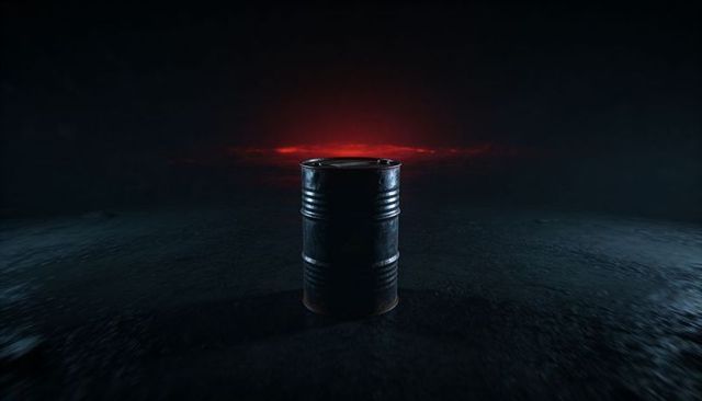 Rusted metal barrel sitting on dark asphalt casting long shadow with red rim lighting haze