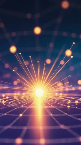 Vertical video of glowing orb radiating beams across digital grid with floating nodes