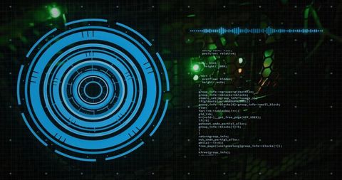 Rotating holographic hud interface with blue concentric rings, neon code waveform and hex grid